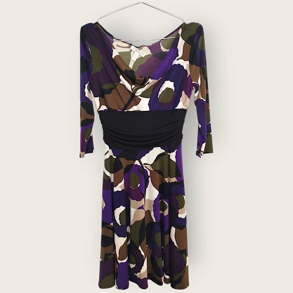 London Times Womens Dress Sz 6P Jersey Wrap Vneck Purple‎ Brown Cottagecore Corp